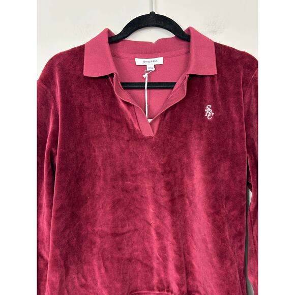 Sporty and Rich NWT Velour Longsleeve Polo Top Merlot Medium - Picture 6 of 12